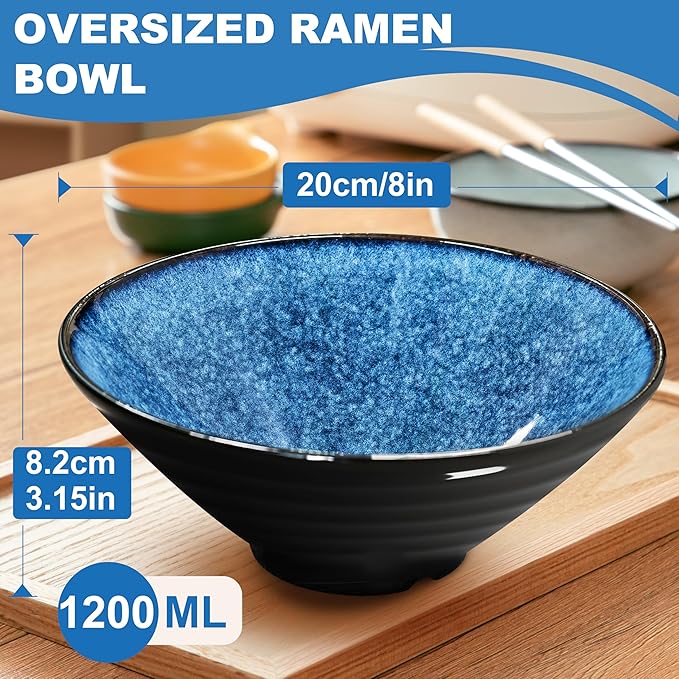 8-Inch 4 Sets Ceramic Ramen Bowl (16 Piece) - Japanese Porcelain Dishwasher Microwave Safe Salad Noodles Cereal Pasta Soup Large Bowls with Chopsticks Forks Spoons for Men Women Housewarming Gift