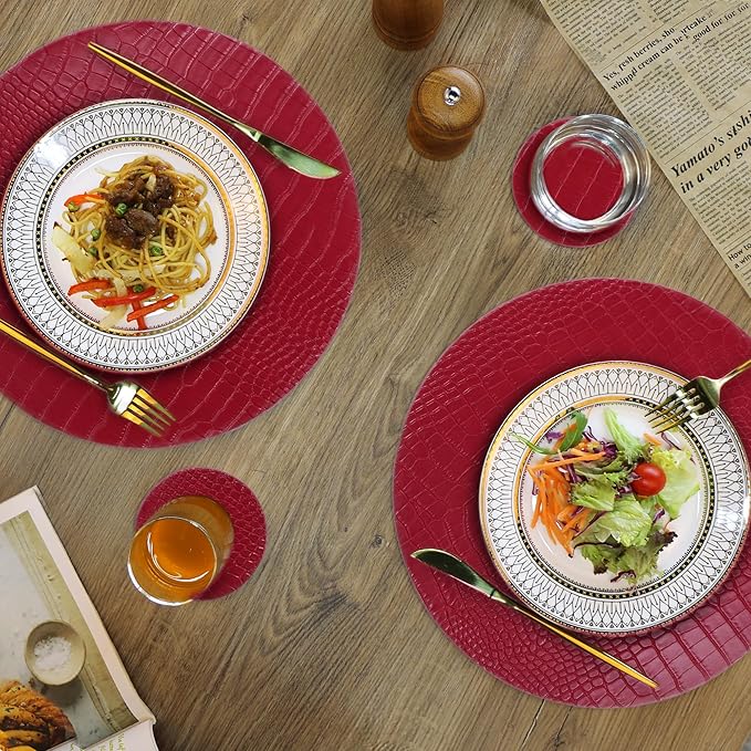 Jovono Round Leather Placemats for Round Tables Set of 4, Red Place Mats and Coasters, Wipeable Waterproof Heat Resistant Table Mats Easy to Care for Indoor Decor 13 inch Diameter