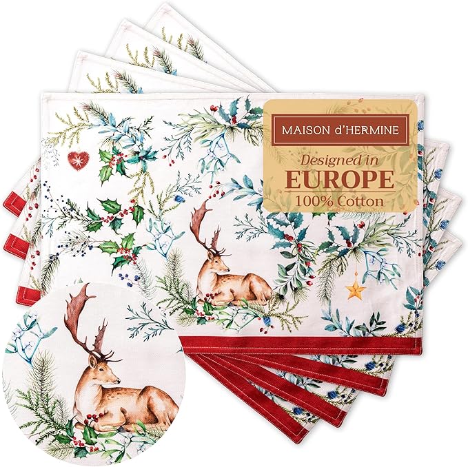 Maison d' Hermine Placemats Set of 4 100% Cotton Washable Cloth Place Mats, Reusable Table Mats for Thanksgiving Christmas Decorations Kitchen Dining Party Wedding Restaurant (Holly Time, 13" x 19")