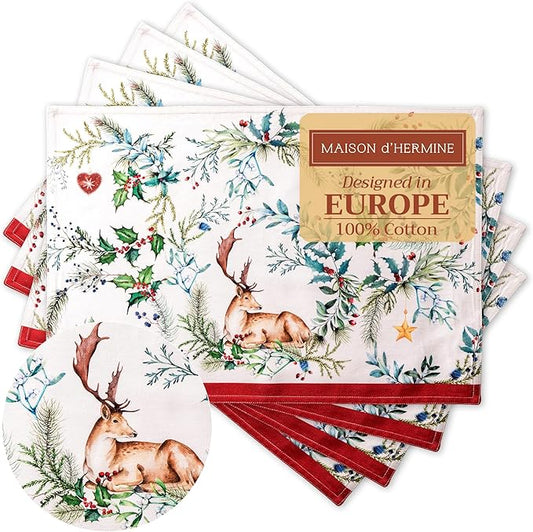 Maison d' Hermine Placemats Set of 4 100% Cotton Washable Cloth Place Mats, Reusable Table Mats for Thanksgiving Christmas Decorations Kitchen Dining Party Wedding Restaurant (Holly Time, 13" x 19")