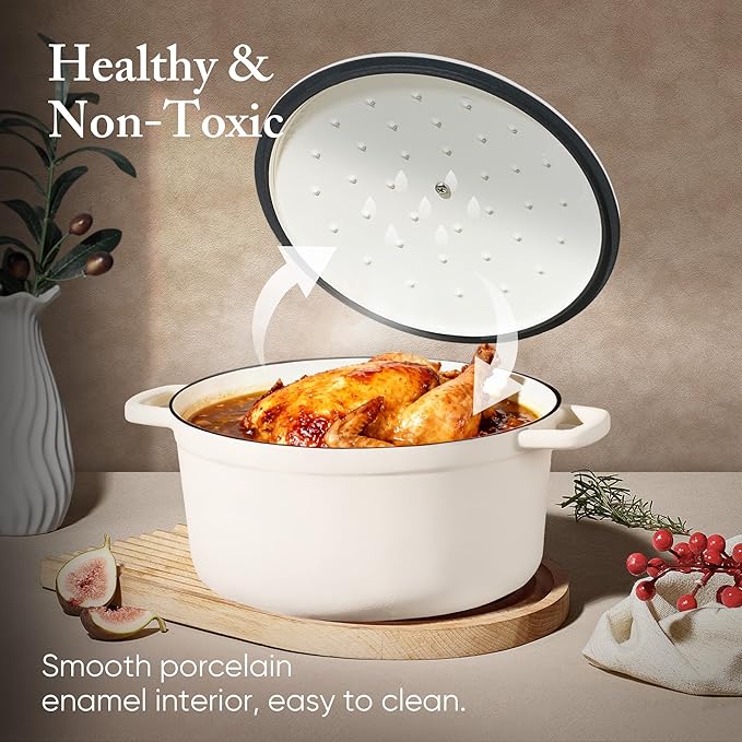 CAROTE Enameled Cast Iron Dutch Oven Pot with Lid, 4 QT Dutch Ovens, Heavy-Duty Cast Iron Pot for Sourdough Bread Baking, Braising, Stews, Roasting, Healthy & Non-Toxic, Dual Handles, All Stovetop Compatible, Oven Safe up to 500째 F, Cream White
