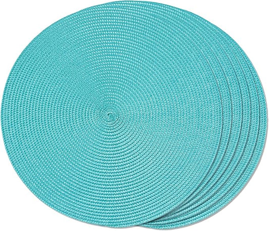 FunWheat Round Braided Placemats Set of 6 Table Mats for Dining Tables Woven Washable Non-Slip Place mats 15 inch(Turquoise, 6pcs)