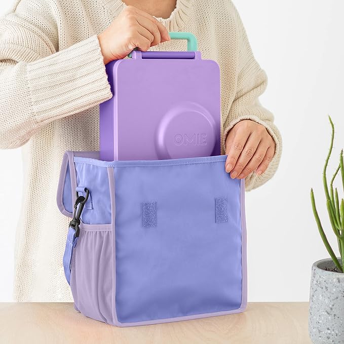 Omie OmieBox Lunch Bag - Washable, Foldable, Durable, WaterResistant Fabric with Interior Pocket and External Bottle Holder (Purple)