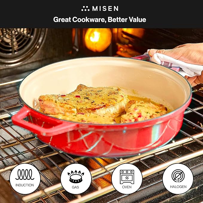 Misen 5.5 QT Braiser ??Enameled Cast Iron Pan for Searing, Braising & Slow Cooking ??No-Chip Enamel Coating ??Extra-Wide Handles ??Superior Heat Retention & Even Cooking - Red