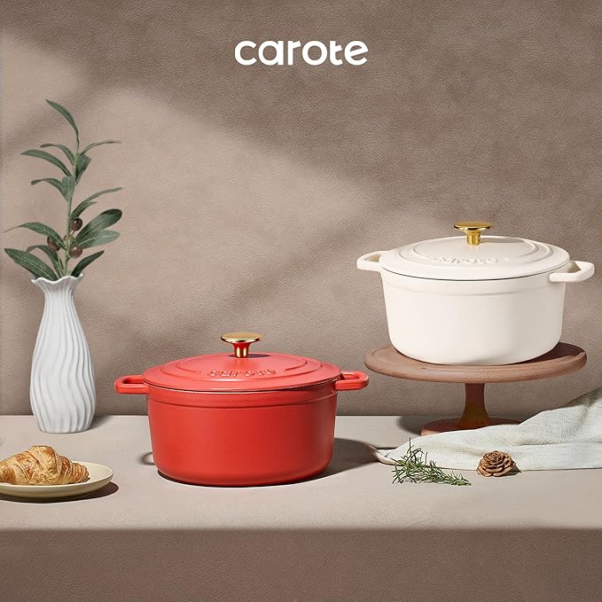 CAROTE Enameled Cast Iron Dutch Oven Pot with Lid, 4 QT Dutch Ovens, Heavy-Duty Cast Iron Pot for Sourdough Bread Baking, Braising, Stews, Roasting, Healthy & Non-Toxic, Dual Handles, All Stovetop Compatible, Oven Safe up to 500째 F, Cream White