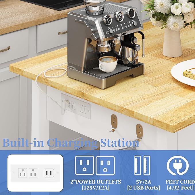 60" Solid Rubberwood Kitchen Island with Power Outlets - Extra Large Work Surface, 3 Drawers & 2 Open Shelves Storage Cabinet for Kitchen Dining Room, Farmhouse Style (White)