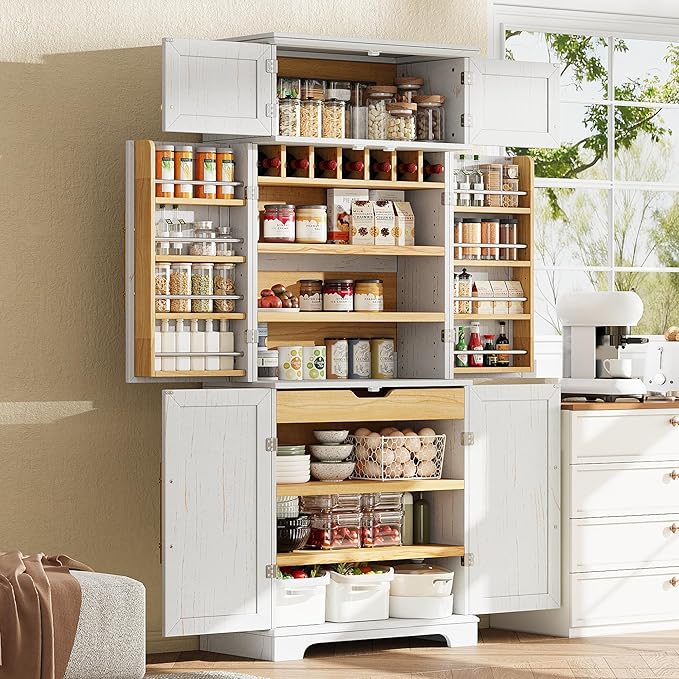 78" Farmhouse Tall Kitchen Pantry Cabinet, Wood Storage Cabinets with Hidden Drawer and 4 Adjustable Shelves, Cupboard with Wine Rack and Door Shelves for Kitchen Dining Room, White