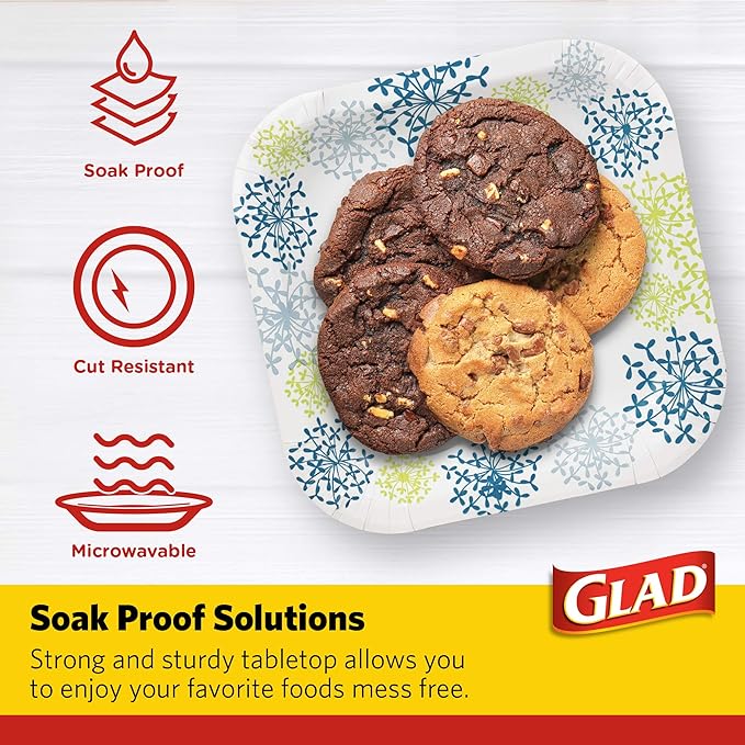 Glad Square Disposable Paper Plates, Blue Hydrangea Pattern - Strong, Sturdy, Soak Proof, and Microwavable Decorative Plates for Dinner and Everyday Use, 7 Inch, 50 Count