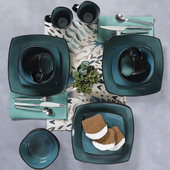 Gibson Elite Soho Lounge 16-Piece Reactive Glaze Dinnerware Set ??Teal and Black Tutone Stoneware Plates and Bowls