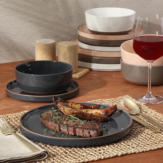 Gibson Elite Northrock Stoneware Dinnerware Set, 12-Piece Service for 4 Plates and Bowls Set ??Assorted Colors Blue, White, Pink, Gray Dishes with Hand-Painted Terracotta Base
