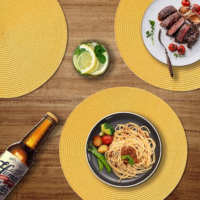 FunWheat Round Braided Placemats Set of 4 Table Mats for Dining Tables Woven Washable Non-Slip Place mats 15inch (Yellow, 4pcs)