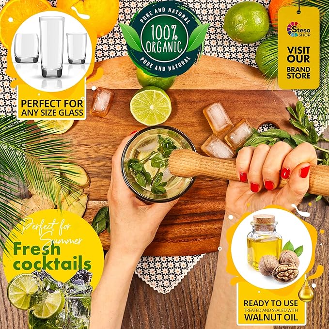 Steso Bar Muddler Wood - Mojito Cocktail Muddler - Mint Lime Herbs Lemon Garlic Crusher - Durable Stable Powerful