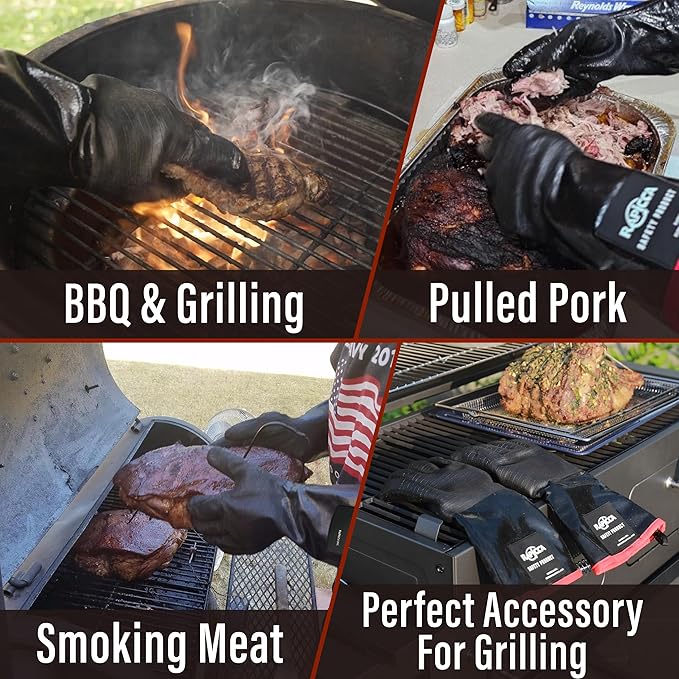 RAPICCA Heat Resistant BBQ Grill Gloves: Oil Resistant Waterproof for Smoking Grilling Cooking Barbecue Deep Frying Turkey Rotisserie Handling Hot Greacy Meat - Long Sleeve 932째F