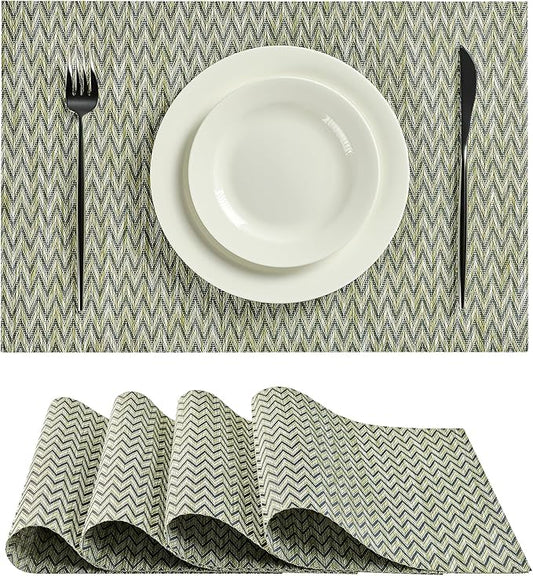 Leetaltree Green Placemats Set of 4 - Heat Resistant Non-Slip Place mats for Dining Table, Washable Durable PVC Vinyl Woven Table Mats（Green Zigzag, 4）