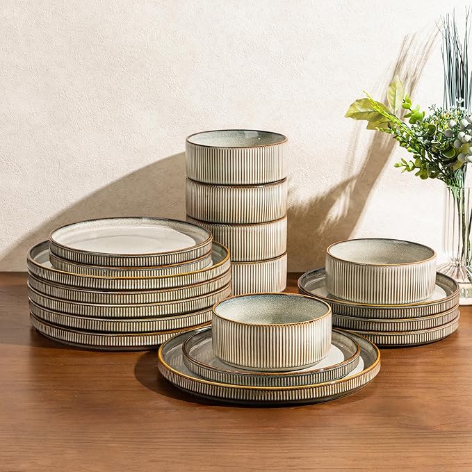 GBHOME Stoneware Dinnerware Sets for 4,Round Reactive Glaze Ceramic Plates and Bowls Set,Highly Scratch Resistant | Dishwasher & Microwave Safe Dishes Set,Service for 4(12Pcs),Green Wheat