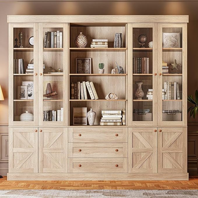 71" Tall Farmhouse Bookcase with Glass Doors and Drawers, Wooden Storage Cabinet with Adjustable Shelves for Living Room, Kitchen, Dining Room, or Home Office, Set of 3, Rustic Brown