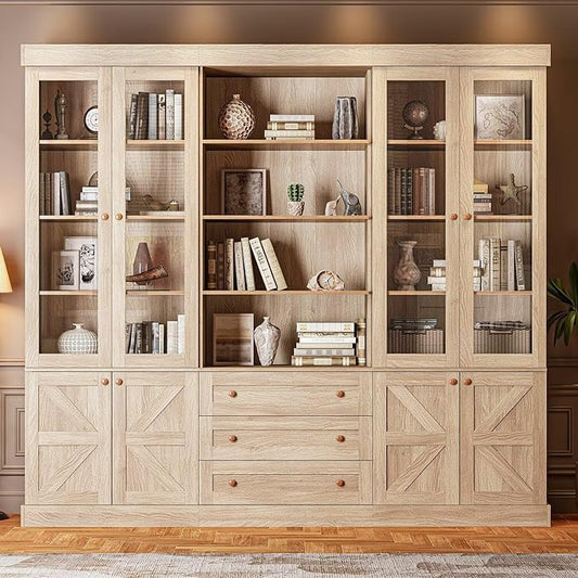 71" Tall Farmhouse Bookcase with Glass Doors and Drawers, Wooden Storage Cabinet with Adjustable Shelves for Living Room, Kitchen, Dining Room, or Home Office, Set of 3, Rustic Brown
