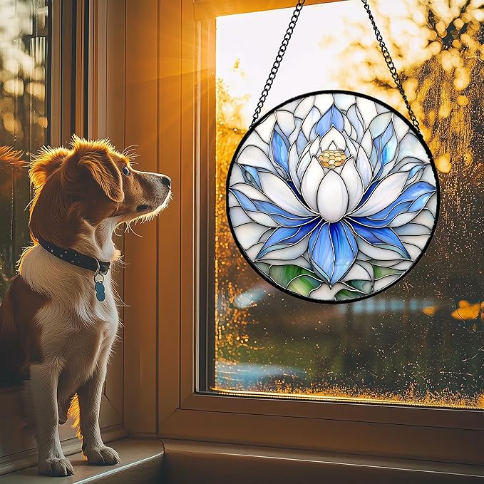 Stained Glass Window Hanging - Blue and White Lotus Petal Suncatcher for Doors Window Home Sun Catchers Decor Christmas Mother's Day July Birthday Gifts for Teacher Women Men Mom Nana 14.9 in