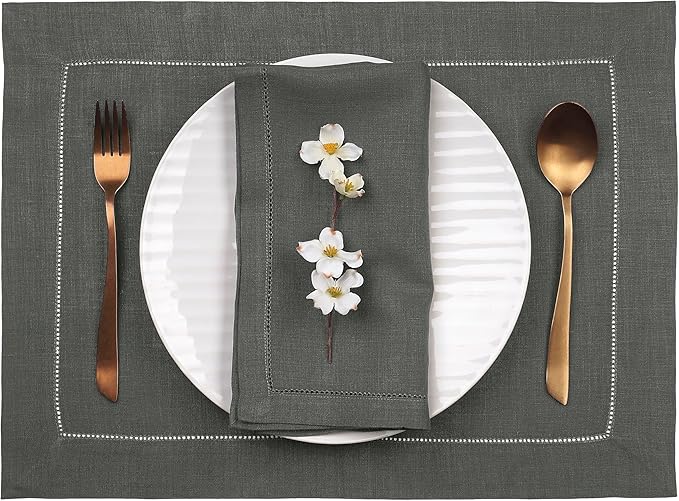 D'Moksha Homes Linen Placemats Set of 4 - Classic Hemstitch Charcoal Grey Placemats 14 x 19 Inch - 100% Pure Linen Table Mats for Spring, Easter - Handcrafted and Machine Washable