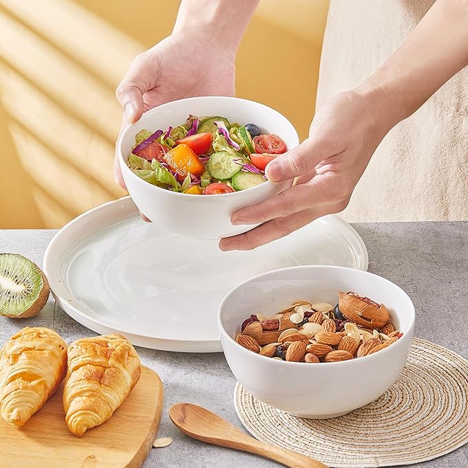 AntoKueh White Ceramic Bowls 6 in, 26Oz round Large Cereal Bowl set of 6, Deep Porcelain Bowls for Cereal, Salad, Noodles, Dishwasher/Microwave safe