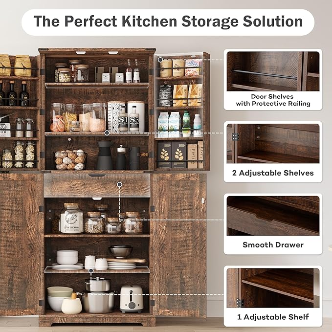 COSIEST 72'' Kitchen Pantry Cabinet, Tall Storage Cabinet with Organizer, Drawer and Adjustable Shelves, Freestanding Cupboard, Storage Cabinets for Kitchen, Dining Room, Bathroom, Rustic Brown