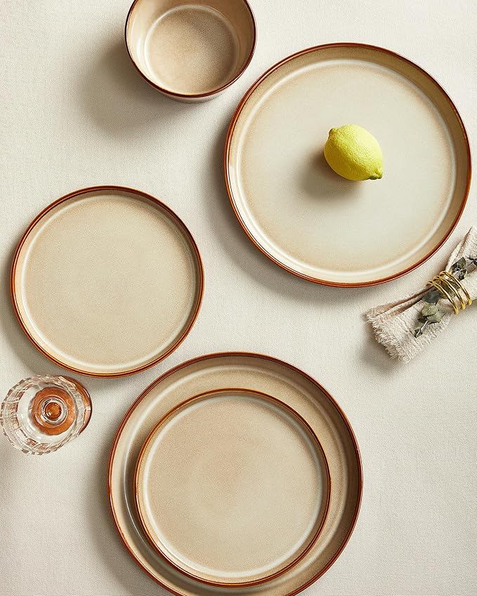 Dinnerware Set for 8, Ceramic Dish Sets, Plate and Bowl Set, Microwave & Dishwasher Safe Dishware Set, Chip & Scratch Resistant Dinner Set, One-of-a-Kind Design, Amber Brown