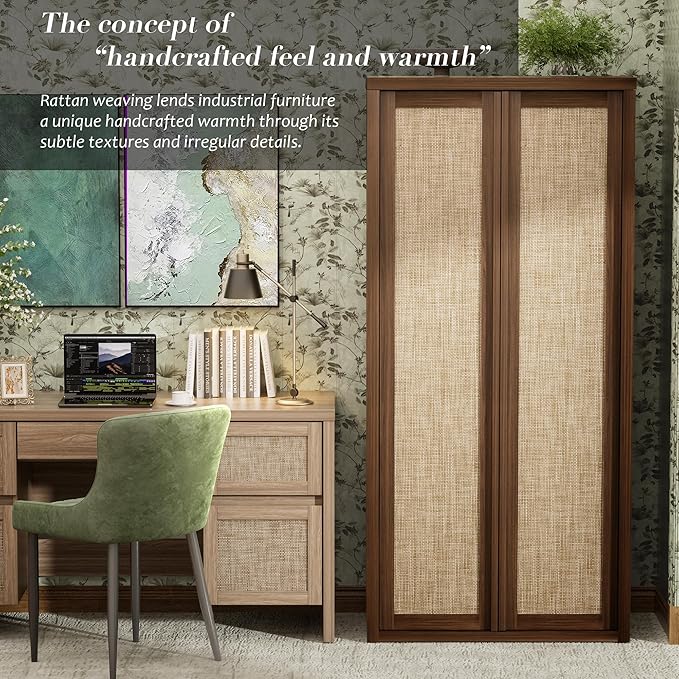 Yechen 67" Tall Kitchen Pantry Cabinet,Rattan Storage Cabinet with Solid Wood Integrated Handleand Adjustable Shelves, Cupboard with Doors for Livingroom, Dining Room, Dark Walnut (2 Piece)