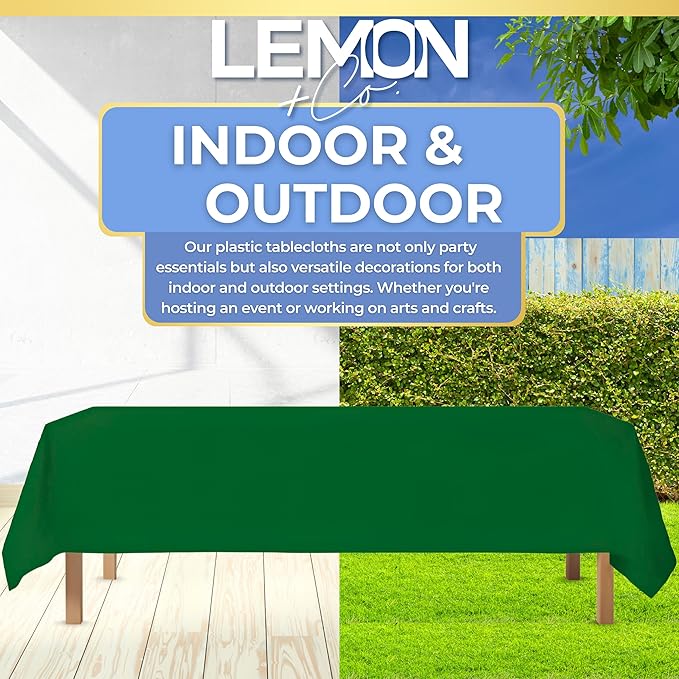 LEMON + Co. Green Rectangle Table Cover Disposable Plastic Tablecloth 54 Inch. x 108 Inch. Premium Decorative Rectangle Table Cover 20 Pack