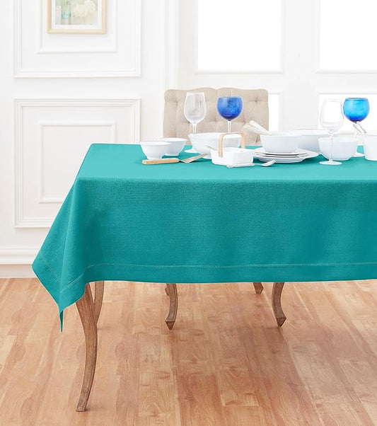 Solino Home Linen Square Tablecloth 52 x 52 Inch - 100% Pure Linen Teal Table Throw - Classic Hemstitch, Machine Washable Table Cloth