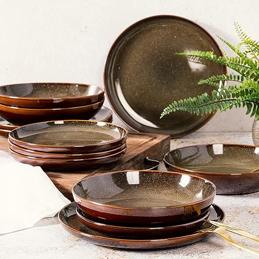 Gibson Elite Edwina 16-Piece Double Bowl Dinnerware Set, Service for 4 ??Dark Green Stoneware Plates and Bowls