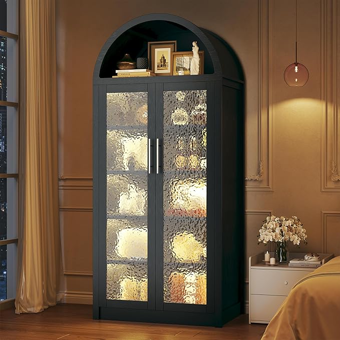 71" Tall Arched Cabinet with 3 Color Lights, Kitchen Pantry Storage Cabinet with Glass Doors & Adjustable Shelves, Modern 6-Tier Display Cabinets for Living Room, Dining Room, Black