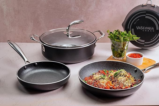 Vasconia 11-Piece Aluminum Cookware Set - Nonstick Pots and Pans with Lids - Dishwasher, Oven Safe up to 475째F - Skillets, Griddle, Casserole, Dutch Oven - Black
