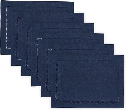 Solino Home Linen Cloth Placemats Set of 6-100% Pure Linen Hemstitch Navy Blue Placemats 14 x 19 Inch - Classic Hemstitch Table Place Mats for Winter, Easter