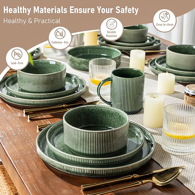 GBHOME Stoneware Dinnerware Sets for 6,Round Reactive Glaze Ceramic Plates and Bowls Set,Highly Scratch Resistant| Dishwasher & Microwave Safe Dishes Set,Service for 6(18Pcs),Dark Green