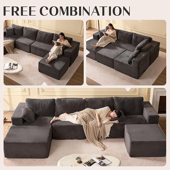 138" Boneless Couch with Deep Seat, Modular Sectional Sofa, Cloud Sectional Couch for Living Room, No Assembly Required, Corduroy, U-Shape 4 Seater Left, Gray