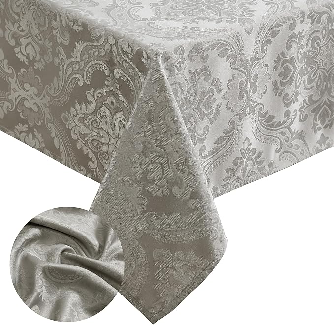 Elrene Home Fashions Caiden Elegance Damask Waterproof, Stain & Wrinkle Resistant Fabric Tablecloth, 52" x 70" Oblong/Rectangle, Silver