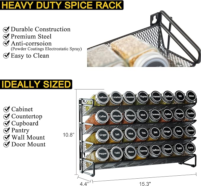SpaceAid Spice Rack Organizer with 32 Spice Jars, 386 Spice Labels, Chalk Marker and Funnel Set for Cabinet, Countertop, Pantry, Cupboard or Door & Wall Mount - 32 Jars, 15.3" W 횞 10.8" H, Black