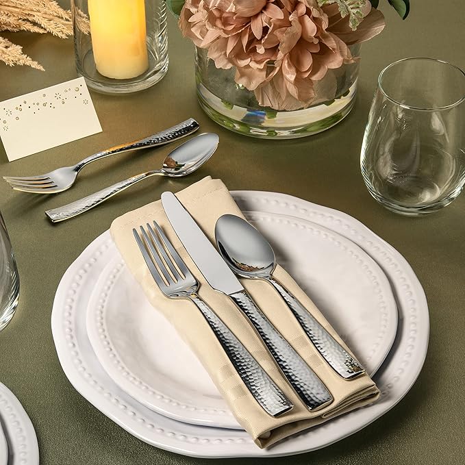 Hudson Essentials 60-Piece Hammered 18/10 Stainless Steel Silverware Cutlery Set, Flatware Service for 12