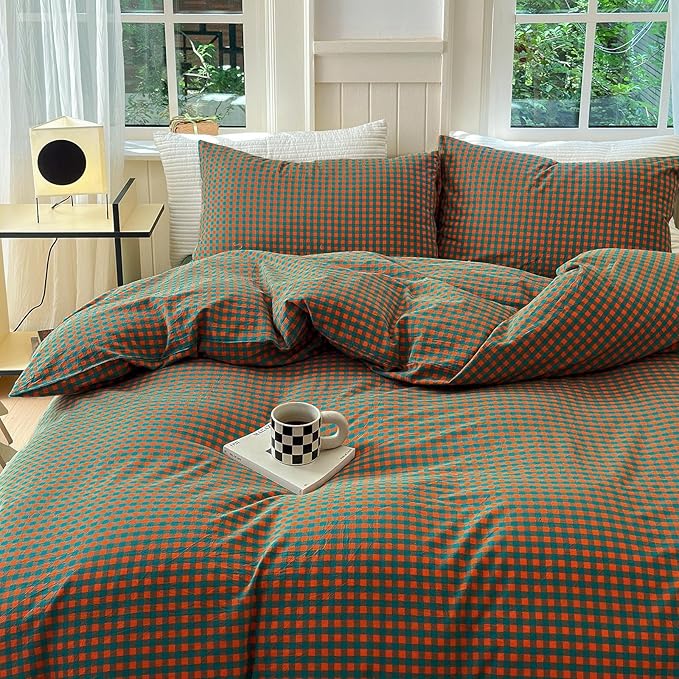 LifeTB Queen Comforter Set Modern Style Orange Green Gingham Comforter Lightweight Plaid Checkered Pattern Comforter Soft Fluffy Gingham Bedding Set Farmhouse Grid Plaid Comforter Set Queen