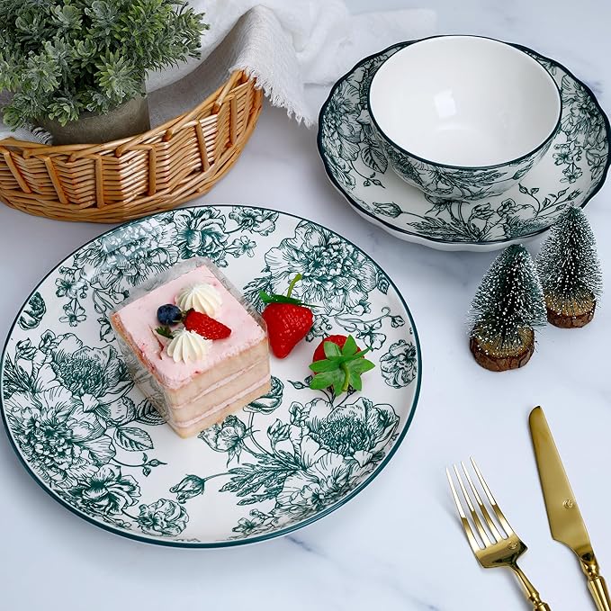 12-Piece Floral Porcelain Dinnerware Set, Service for 4, Green Pattern Plates and Bowls, Microwave and Dishwasher Safe