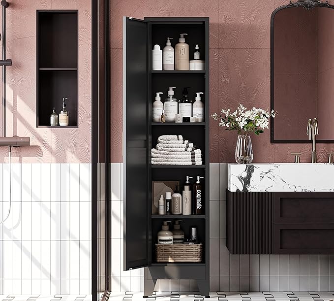 67?쏦 Metal Narrow Kitchen Pantry Cabinet,Black Skinny Pantry Cabinet,Tall Narrow Bathroom Storage Cabinet with Adjustable Shelves,Slim and Thin Pantry Cabinets for Living Room Dining Room