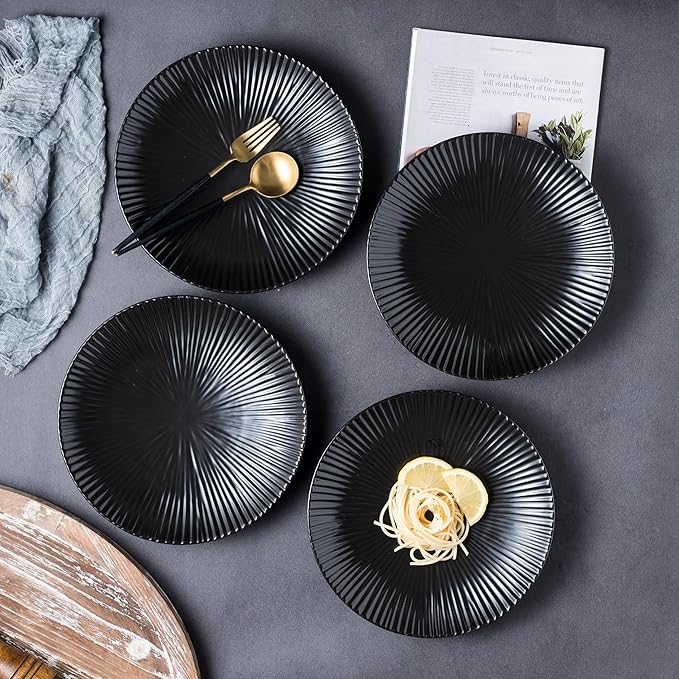 CLAY TONIC Set of 4-10.3 Inch Japanese Style Porcelain Round Dinner Plates, Versatile Circular Serving Plates for Pasta, Salad, Steak Dinner (Black, 10.3 Inches)