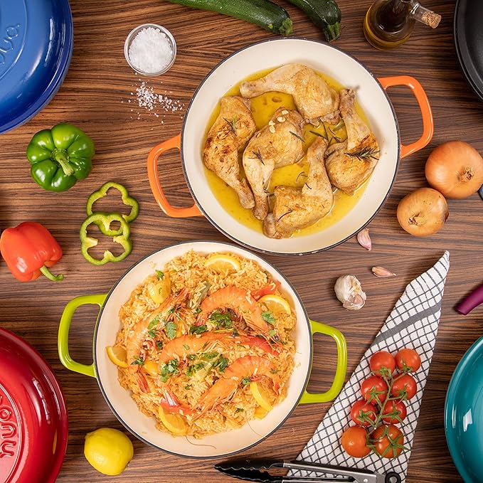 Cast Iron Dutch Oven with Lid ??Non Stick Shallow Dutch Oven Pot, Oven Safe up to 500째 F ??Sturdy Cooking Pot ??Enamelled Stockpot Cookware ??Dark Blue, 3.7-Quart, 30cm ??by Nuovva