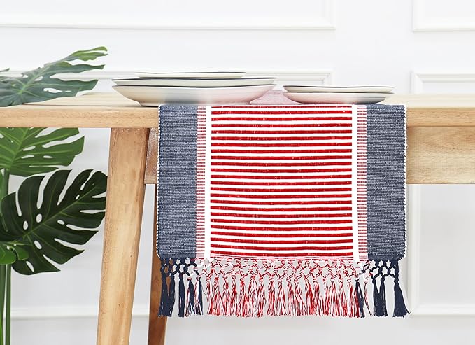 PurpleEssences 4th of July Table Runner - Wide with Dobby Stripe, Heavy Ribbed Weave & Double Knot Fringes, 14x72 Inch (14x77.5 with Fringes) Boho Farmhouse Decor - Veterans Day - Red, Blue and White