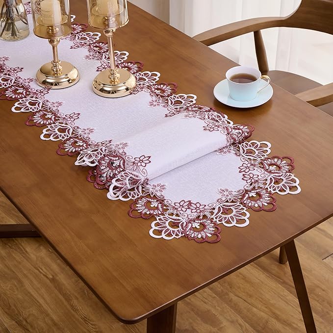 Raedan White Dark Red Jacquard Lace Table Runner 48 inches Long, Claret Dresser Scarf Table Topper for Kitchen Coffee Table Wedding Party Home Decor (Floral Dark Red, 16?쓝48??