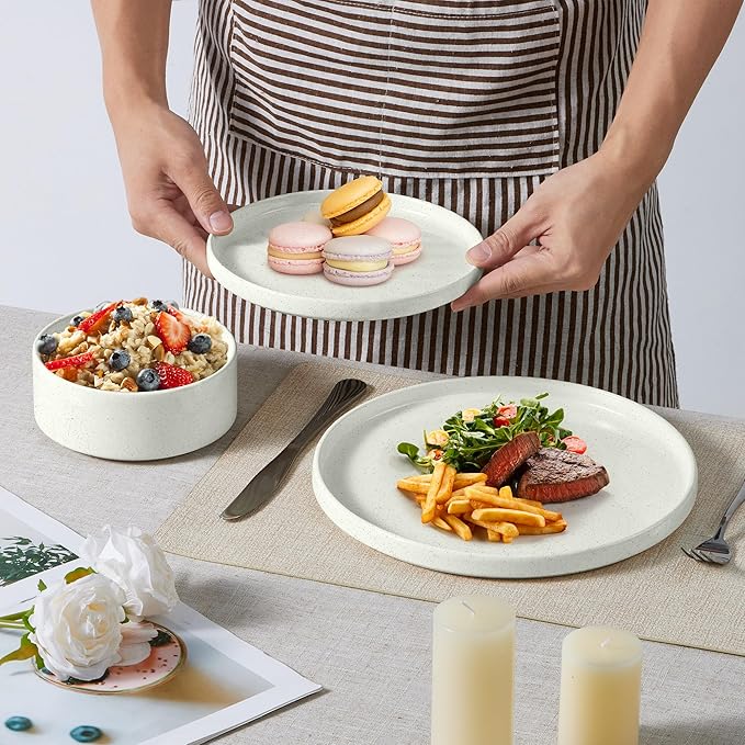 E-far Dinnerware Sets for 8, 24-Piece Stoneware Plates and Bowls Set, Modern Kitchen Dinning Dishware, Chip and Scratch Resistant, Microwave & Dishwasher Safe, Speckled White