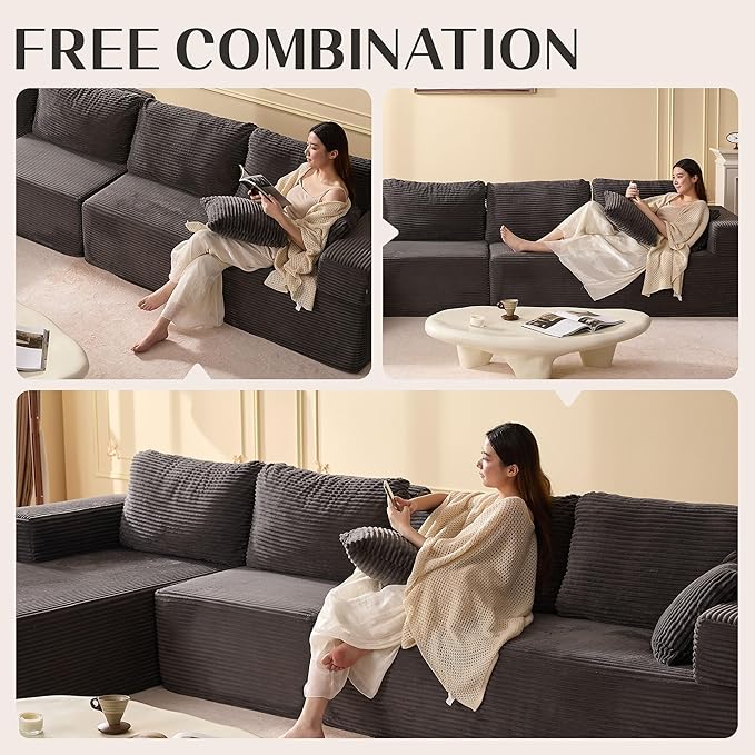 138" Boneless Couch with Deep Seat, Modular Sectional Sofa, Cloud Sectional Couch for Living Room, No Assembly Required, Corduroy, 4 Seater L-Shape Left, Grey