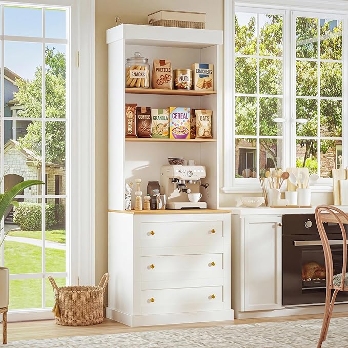 Vyre 71" Farmhouse Kitchen Pantry Cabinet Set of 4, White Freestanding Coffee Bar Hutch with Drawers & Adjustable Shelves, Large Storage Cabinet with Microwave Stand for Living Room & Kitchen