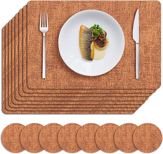MOSAYT Placemats Set of 8, Heat Resistant Vinyl Place Mats with Coasters, Wipeable Washable 100% Waterproof Oil Proof Faux Leather Table Mats for Kitchen Dining Party Outdoor, 12" x 17", Orange