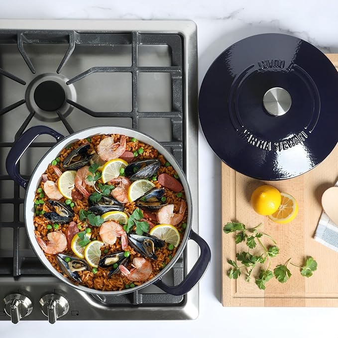 Martha Stewart Gatwick 7 QT Enamel Cast Iron Dutch Oven ??Navy Blue, Heavy-Duty Durable Dutch Oven for Slow Cooking, Braising, and Baking